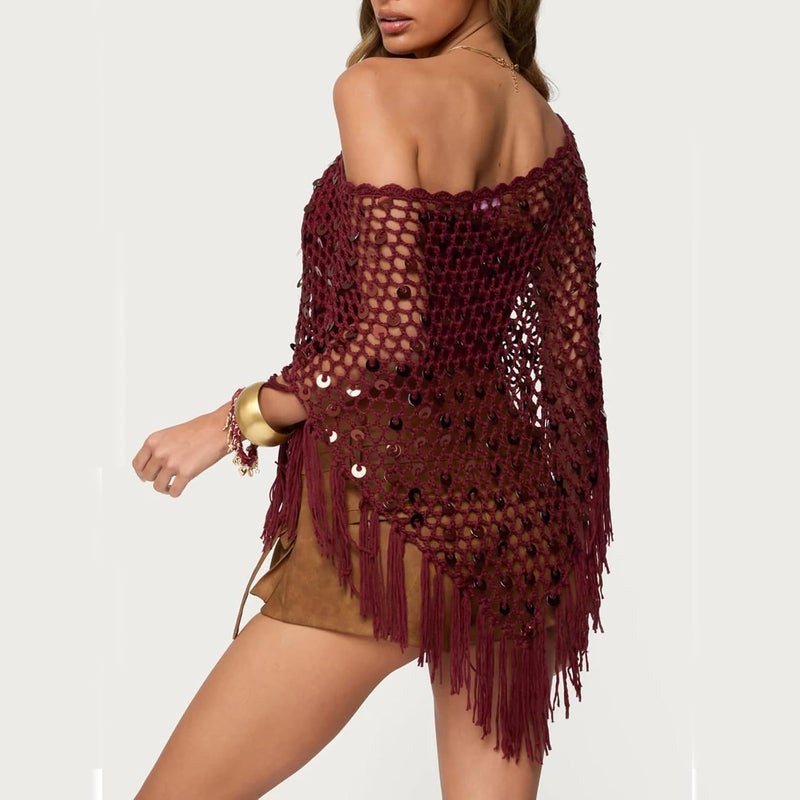 Argeousgor Women Sheer Poncho Top Lightweight Knit Crochet Shrug Bolero Mesh Batwing Sleeve Sweater Cover Up Beachwear - Image 4